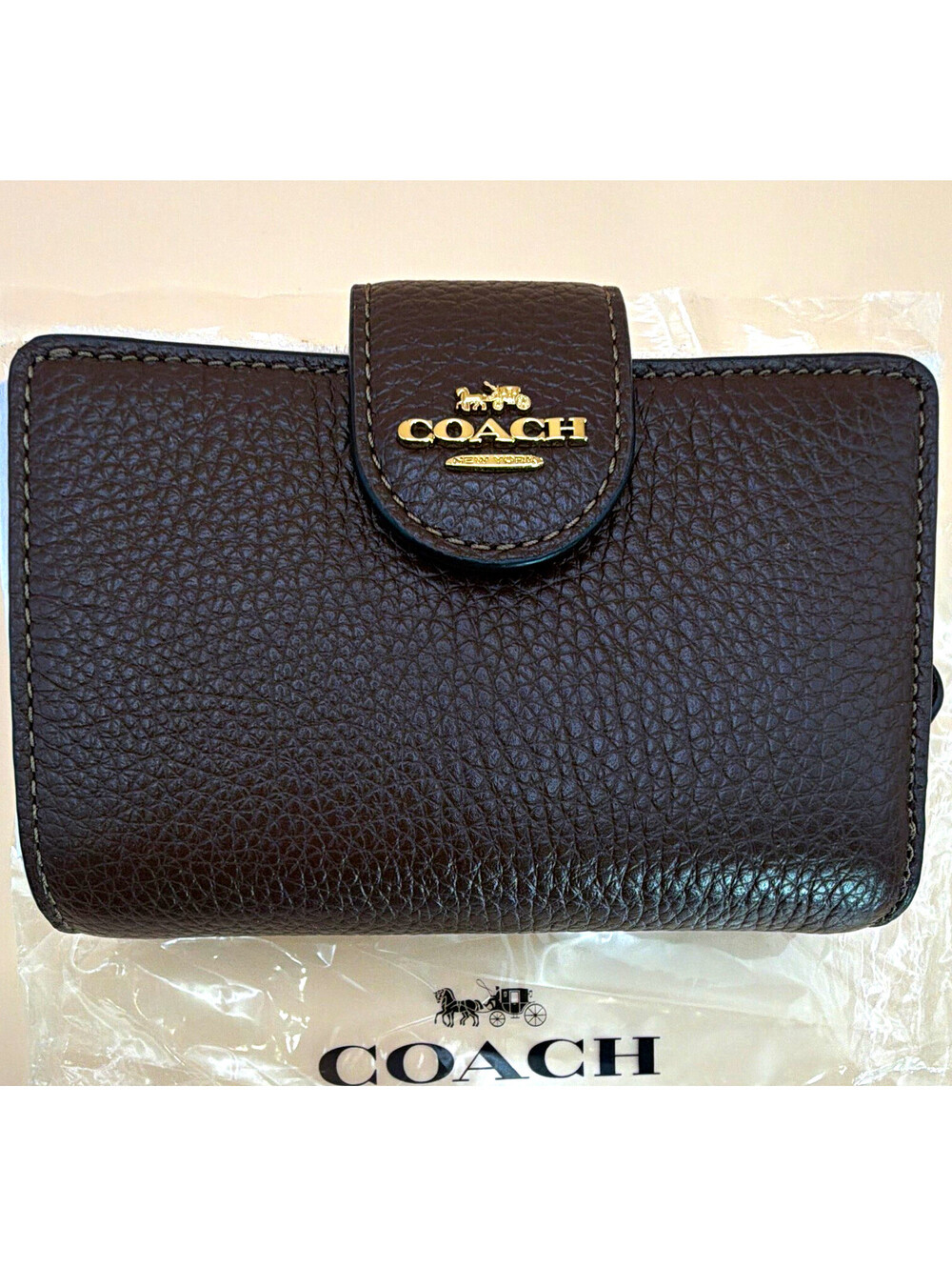 Coach Snap Zip Wallet Solid Brown Logo Credit Card Folding Women